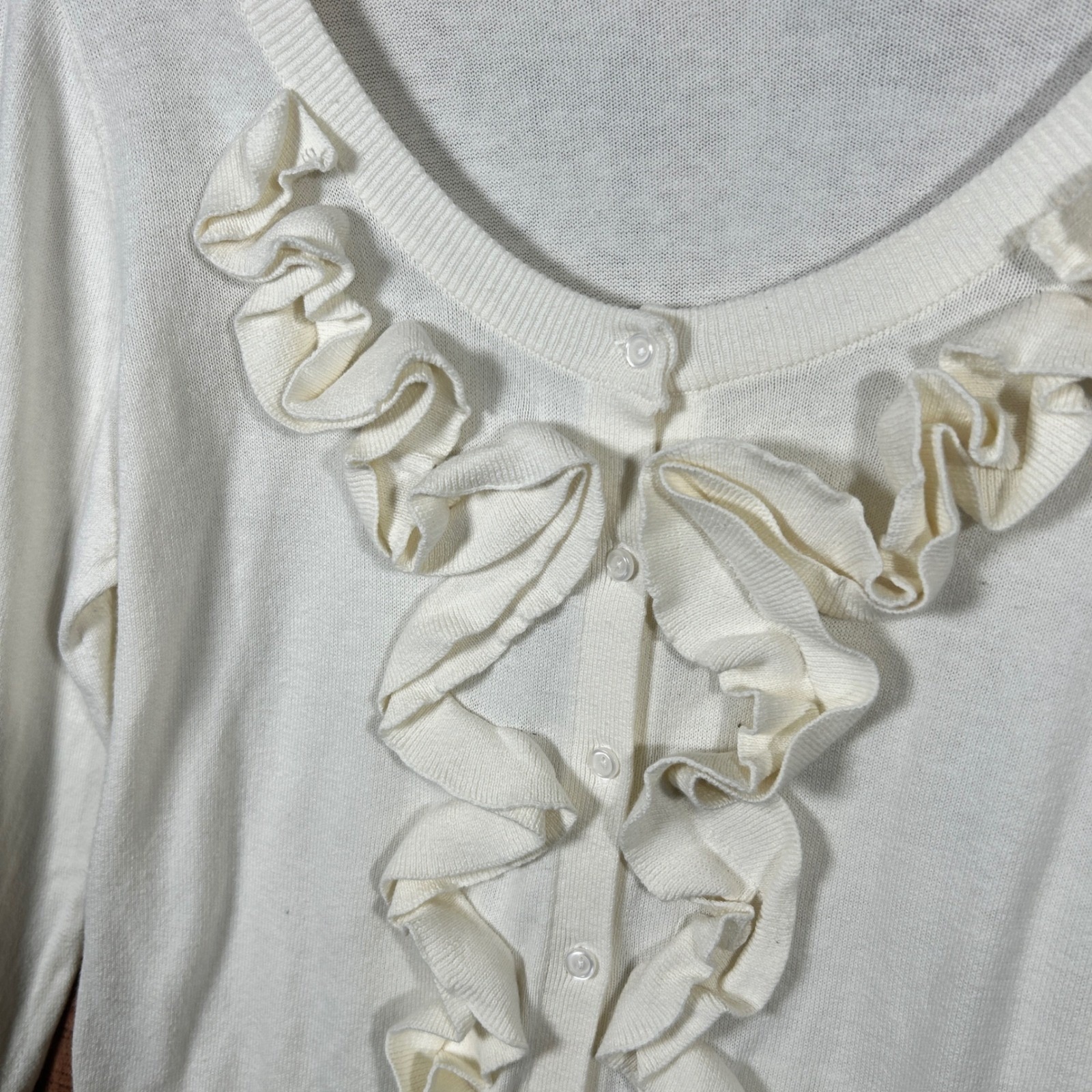 Ab Studio Ruffle Cardigan Sweater Ivory Layering Nwt Large Romantic Coquette — image 2 of 6